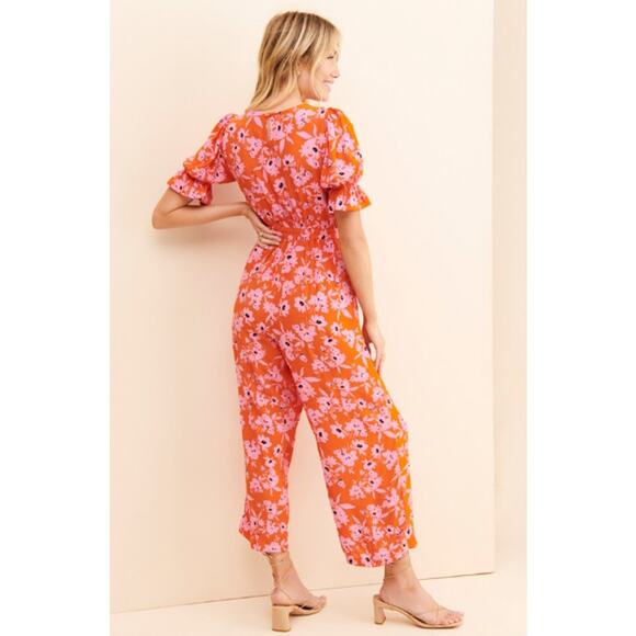 Rue Stiic Naveah Floral Jumpsuit XS Orange PInk Floral Cutout Tie Anthropologie - Picture 3 of 16